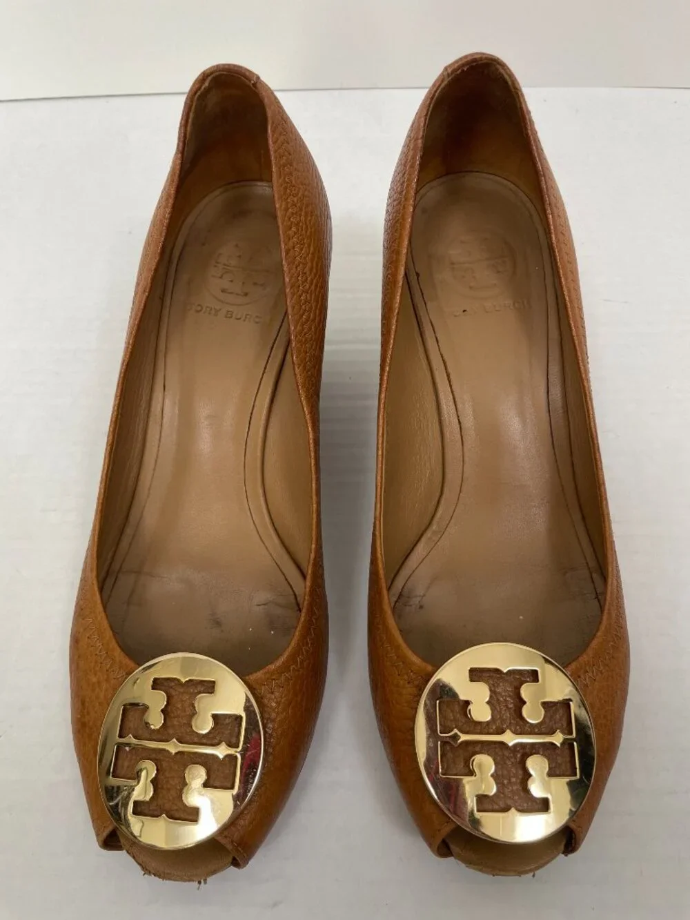 Tory Burch Sally Peep-Toe Wedge Pumps with Gold Logo Brown Leather Size: 9